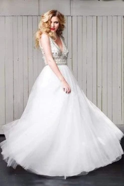 Formal Gowns J'Adore Dresses - J4064T Embellished Plunging V-neck Tulle A-line Dress