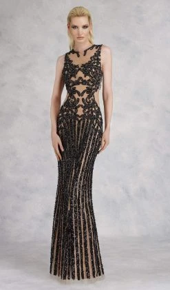 Formal Gowns Janique - 17007 Sparkly Nude Illusion Evening Gown In Black