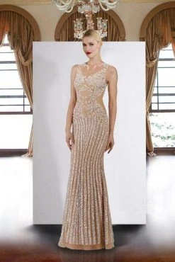Janique - 17007 Sparkly Nude Illusion Evening Gown In Ivory