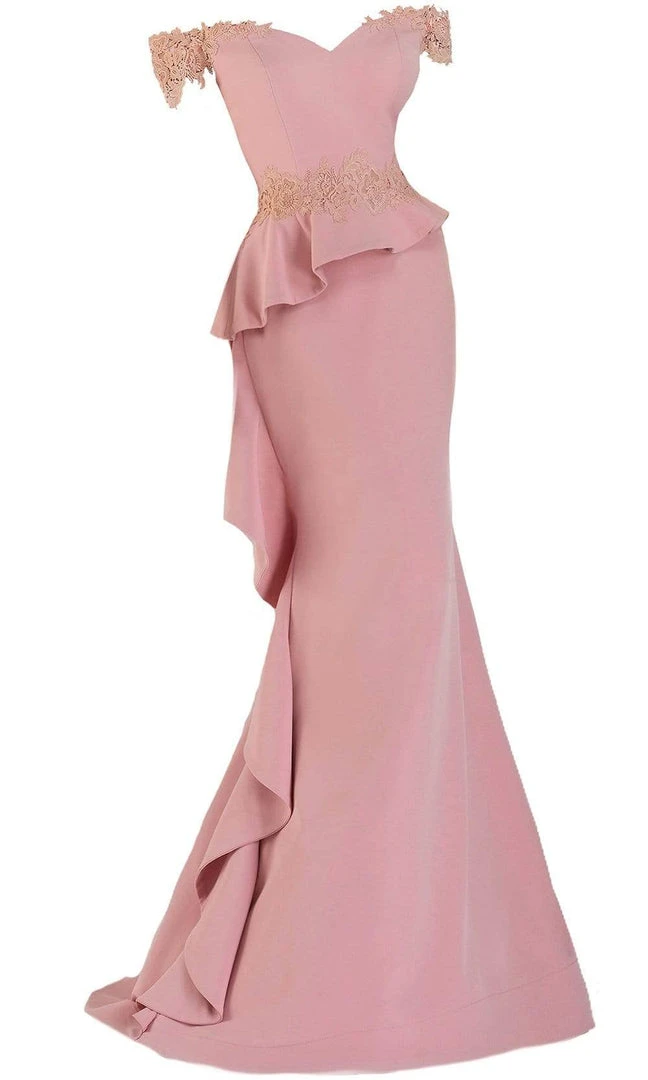 Janique - 1945 Off Shoulder Lace Applique Ruffle Peplum Trumpet Gown Formal Gowns 5 Janique - 1945 Off Shoulder Lace Applique Ruffle Peplum Trumpet Gown Formal Gowns