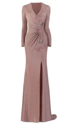 Janique - 2039 Embroidered Long Sleeve V-neck Sheath Gown Formal Gowns