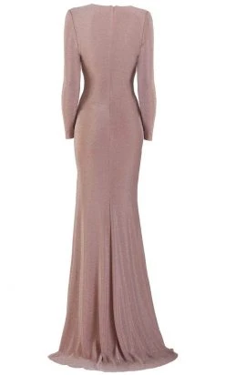 Janique - 2039 Embroidered Long Sleeve V-neck Sheath Gown Formal Gowns