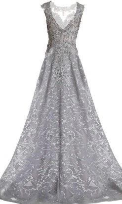Janique - 85124 Illusion Lace Appliqued Geometric Gown In Grey 9 Janique - 85124 Illusion Lace Appliqued Geometric Gown In Grey