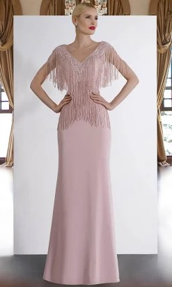 Formal Gowns Janique - 85130 Bead Fringed V-Neck Sheath Gown In Mauve