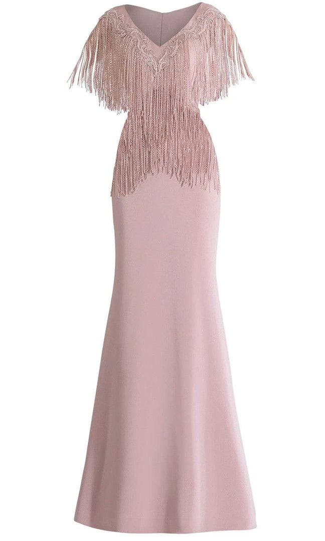 Formal Gowns Janique - 85130 Bead Fringed V-Neck Sheath Gown In Mauve 5 Formal Gowns Janique - 85130 Bead Fringed V-Neck Sheath Gown In Mauve