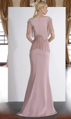 Formal Gowns Janique - 85130 Bead Fringed V-Neck Sheath Gown In Mauve 7 Formal Gowns Janique - 85130 Bead Fringed V-Neck Sheath Gown In Mauve