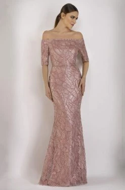 Formal Gowns Janique - Embellished Off-Shoulder Trumpet Dress JA5017 - 1 Pc Rose Gold In Size 10 Available