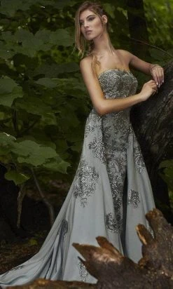 Janique - Embroidered Straight Neck A-line Gown W1691 Formal Gowns