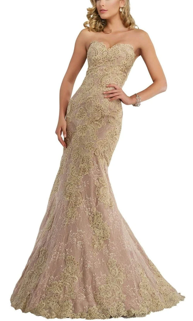 Janique - Embroidered Sweetheart Lace Evening Gown With Sheer High-Low Shawl W1718 5 Janique - Embroidered Sweetheart Lace Evening Gown With Sheer High-Low Shawl W1718