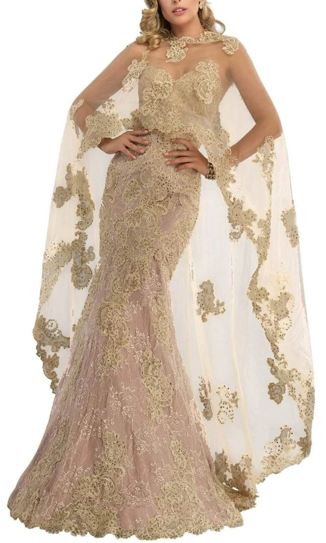 Janique - Embroidered Sweetheart Lace Evening Gown With Sheer High-Low Shawl W1718 3 Janique - Embroidered Sweetheart Lace Evening Gown With Sheer High-Low Shawl W1718