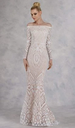 Janique - JA3017 Off-Shoulder Long Sleeves Dress In White/Nude Formal Gowns