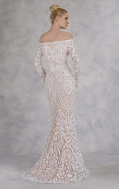 Janique - JA3017 Off-Shoulder Long Sleeves Dress In White/Nude Formal Gowns