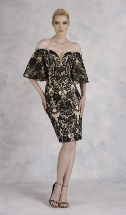 Cocktail Dresses Janique - JA3022 Sequined Lace Plunging Off-Shoulder Sheath Dress