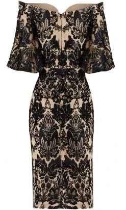 Cocktail Dresses Janique - JA3022 Sequined Lace Plunging Off-Shoulder Sheath Dress