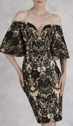 Cocktail Dresses Janique - JA3022 Sequined Lace Plunging Off-Shoulder Sheath Dress