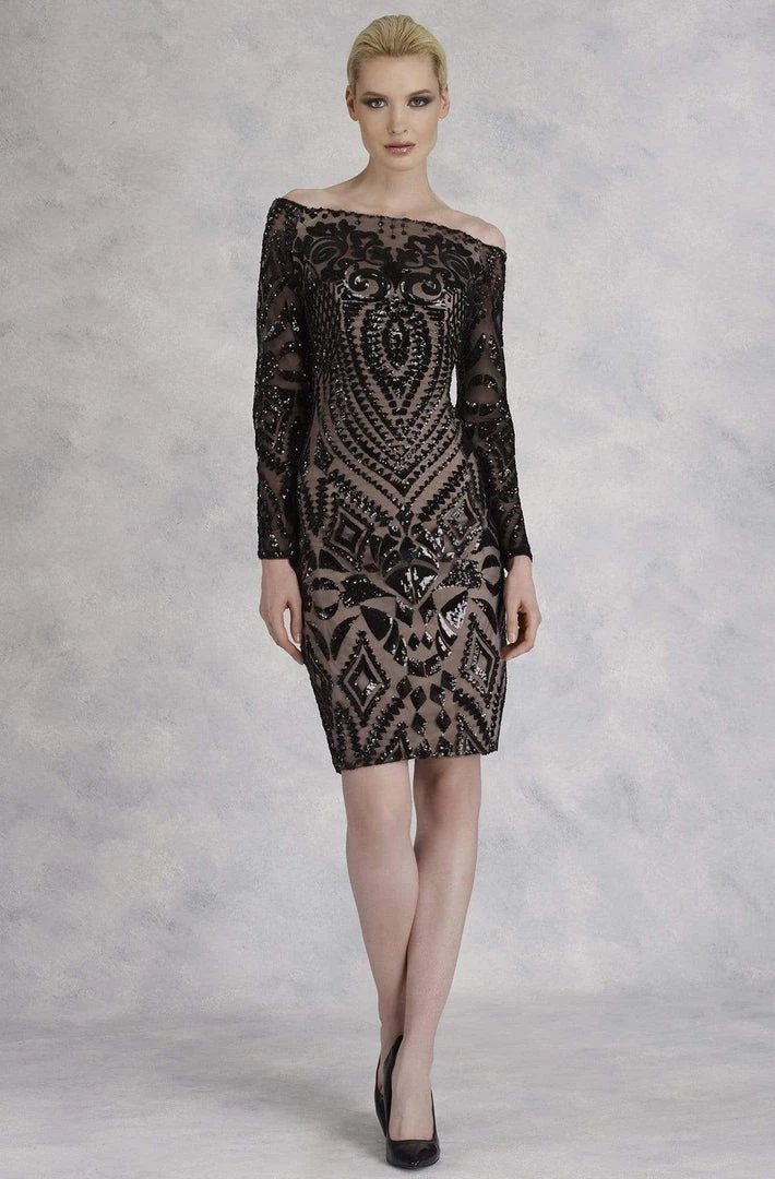 Cocktail Dresses Janique - JA3023 Sequined Long Sleeve Off-Shoulder Sheath Dress 3 Cocktail Dresses Janique - JA3023 Sequined Long Sleeve Off-Shoulder Sheath Dress