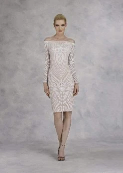 Cocktail Dresses Janique - JA3023 Sequined Long Sleeve Off-Shoulder Sheath Dress 9 Cocktail Dresses Janique - JA3023 Sequined Long Sleeve Off-Shoulder Sheath Dress