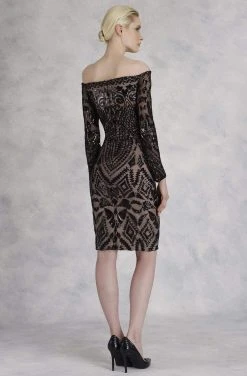 Cocktail Dresses Janique - JA3023 Sequined Long Sleeve Off-Shoulder Sheath Dress 8 Cocktail Dresses Janique - JA3023 Sequined Long Sleeve Off-Shoulder Sheath Dress