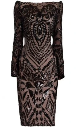 Cocktail Dresses Janique - JA3023 Sequined Long Sleeve Off-Shoulder Sheath Dress 10 Cocktail Dresses Janique - JA3023 Sequined Long Sleeve Off-Shoulder Sheath Dress
