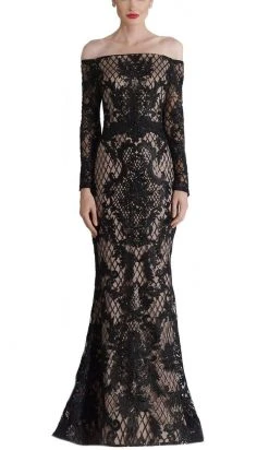 Formal Gowns Janique - JA4017 Off-Shoulder Long Sleeves Lace Dress In Black / Nude 8 Formal Gowns Janique - JA4017 Off-Shoulder Long Sleeves Lace Dress In Black / Nude
