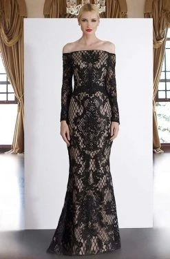 Formal Gowns Janique - JA4017 Off-Shoulder Long Sleeves Lace Dress In Black / Nude