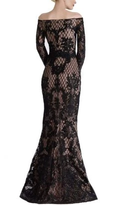 Formal Gowns Janique - JA4017 Off-Shoulder Long Sleeves Lace Dress In Black / Nude 9 Formal Gowns Janique - JA4017 Off-Shoulder Long Sleeves Lace Dress In Black / Nude