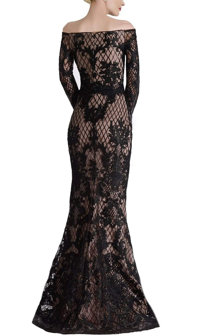 Formal Gowns Janique - JA4017 Off-Shoulder Long Sleeves Lace Dress In Black / Nude 6 Formal Gowns Janique - JA4017 Off-Shoulder Long Sleeves Lace Dress In Black / Nude