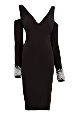 Cocktail Dresses Janique - K6611 Pearl Embellished Cuff V Neck Evening Dress