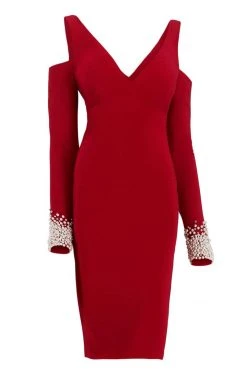 Cocktail Dresses Janique - K6611 Pearl Embellished Cuff V Neck Evening Dress