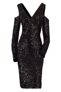 Cocktail Dresses Janique - K6612 Cold Shoulder Long Sleeve V Neckline Evening Dress