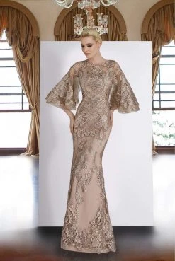 Janique - Lace Embroidered Bell Sleeve Bateau Trumpet Dress W2073 - 1 Pc Champagne In Size 12 Available