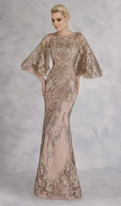 Janique - Lace Embroidered Bell Sleeve Bateau Trumpet Dress W2073 - 1 Pc Champagne In Size 12 Available