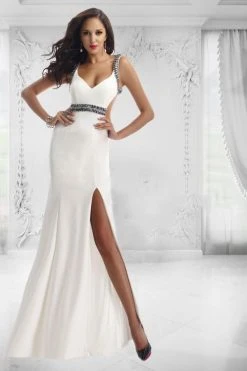 Janique - Long Beaded Strap Stretch Crepe With Open Back Gown W1008