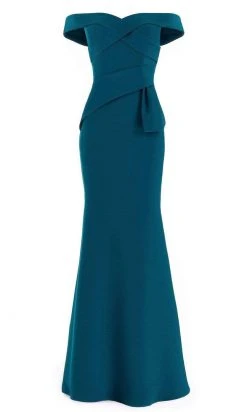 Janique - Off-Shoulder Wrap Style Trumpet Gown 16214 - 1 Pc Teal In Size 14 Available