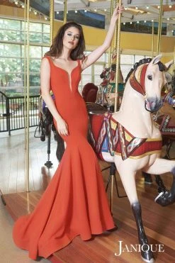 Formal Gowns Janique - Sleeveless Scalloped Deep V Neck Illusion Mermaid Gown W1711