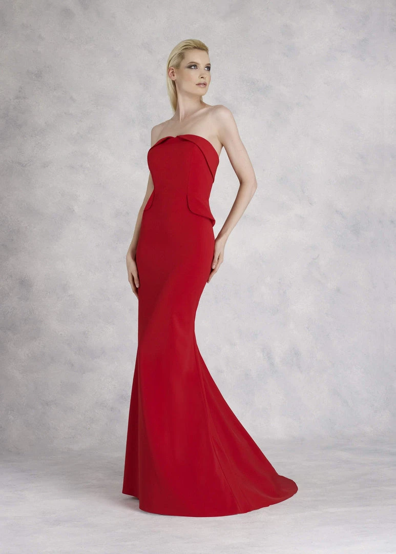 Janique - Strapless Folded Neckline Detail Stretch Crepe Gown With Side Peplum And Sweep Train C1167 Formal Gowns 9 Janique - Strapless Folded Neckline Detail Stretch Crepe Gown With Side Peplum And Sweep Train C1167 Formal Gowns
