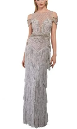 Janique - W1683 Embellished Illusion Bateau Fringe Sheath Gown