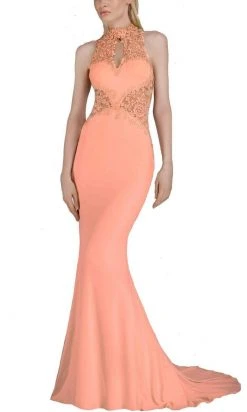 Janique - W974 Jersey Gown In Peach Formal Gowns