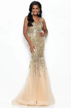 Jasz Couture - Bead Embellished Trumpet Gown 7111 - 1 Pc Gold In Size 2 Available