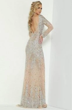 Formal Gowns Jasz Couture - Long Sleeve Embellished Sheath Dress 6455 - 1 Pc Nude In Size 2 Available