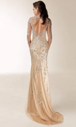 Formal Gowns Jasz Couture - Long Sleeve Embellished Sheath Gown 6204 - 1 Pc Nude In Size 10 Available