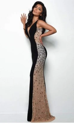 Jasz Couture - Plunging Beaded Jersey Sheath Gown 7078 - 1 Pc Black In Size 12 Available
