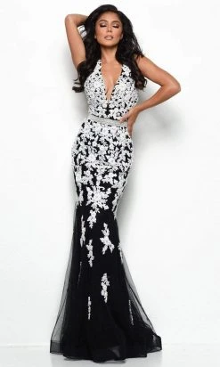 Jasz Couture - Sleeveless Floral Embroidered Trumpet Gown 7128 - 1 Pc Black/White In Size 8 Available Formal Gowns