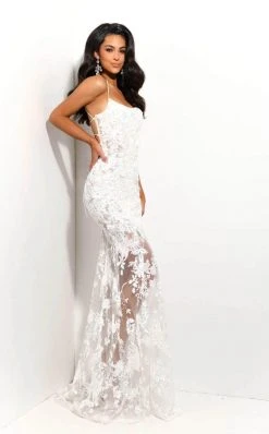 Jasz Couture - Sleeveless Sheer Lace Prom Dress 7357 - 1 Pc White/Nude In Size 14 Available
