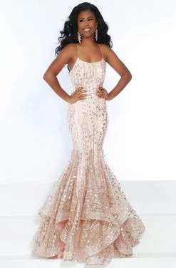 Formal Gowns Jasz Couture - Spaghetti Strap Embellished Ruffled Mermaid Gown 6457 - 1 Pc Ivory/Gold In Size 10 Available