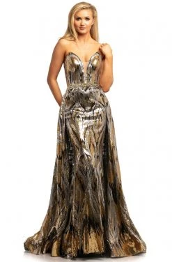 Johnathan Kayne - 2025 Embellished Two Tone Deep V-neck Trumpet Dress