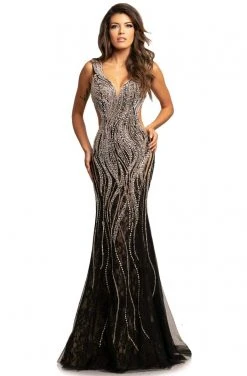 Johnathan Kayne - 2041 Bedazzled Plunging V-neck Trumpet Dress Formal Gowns