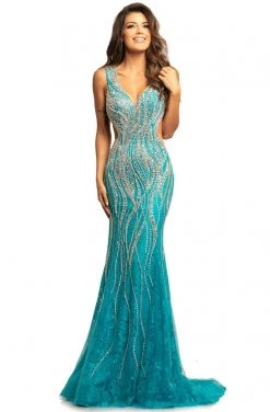 Johnathan Kayne - 2041 Bedazzled Plunging V-neck Trumpet Dress Formal Gowns