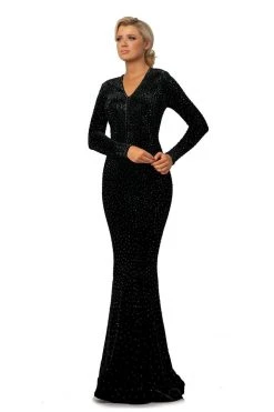 Formal Gowns Johnathan Kayne - 2045 Bedazzled Long Sleeve V-neck Trumpet Dress - 1 Pc Black-Ab In Size 16 Available