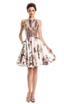 Cocktail Dresses Johnathan Kayne - 7201 Haltered Floral Print Cocktail Dress